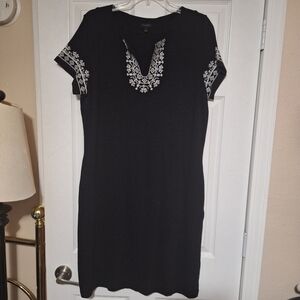 Talbots Black Short Sleeve Knit Cotton Dress with White Embroidery Size Large